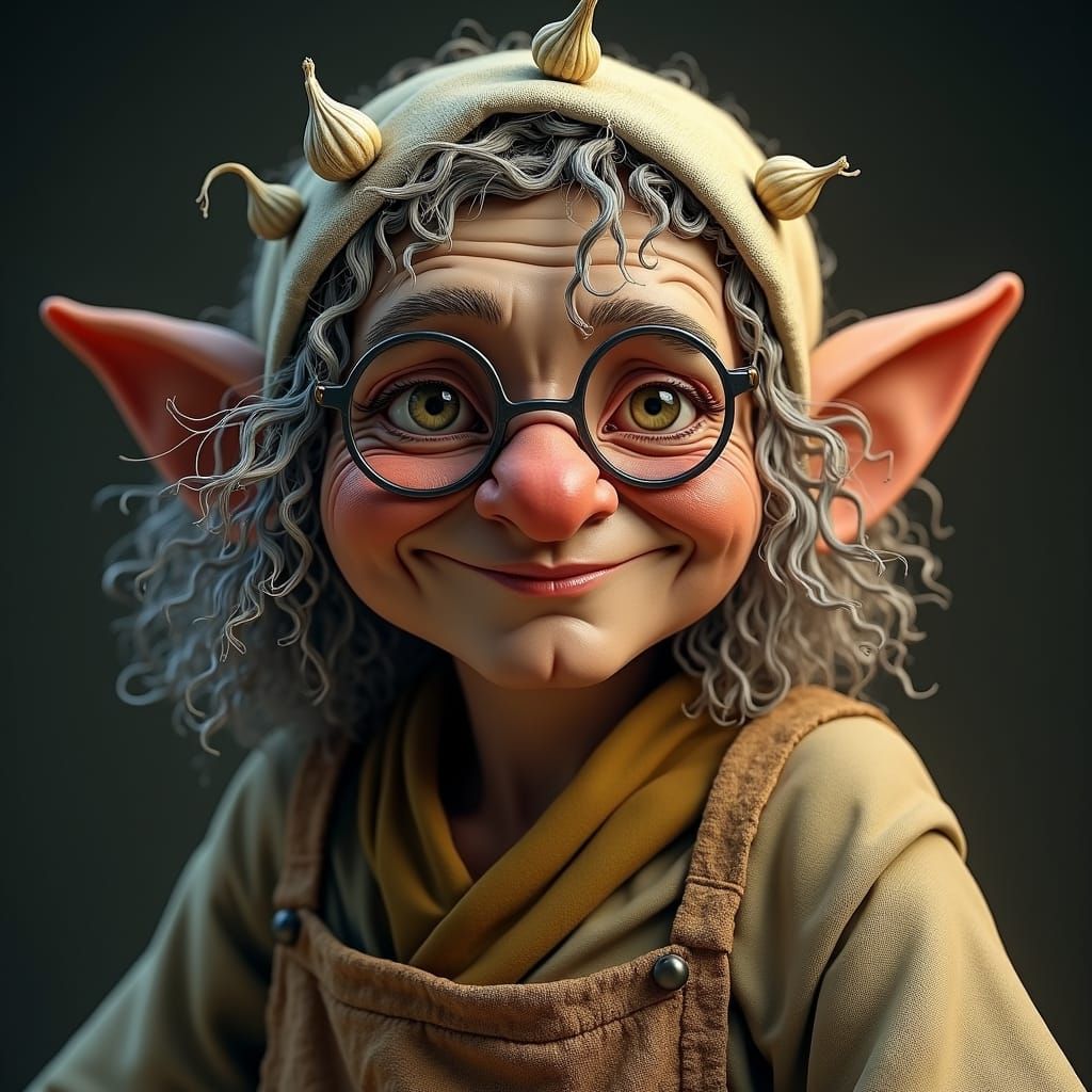 Detailed Portrait of Elderly Dwarf Woman with Garlic