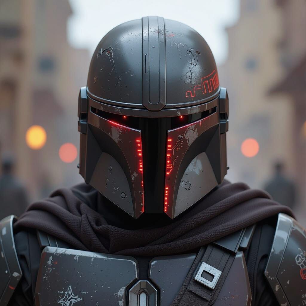 Mandalorian Warrior With Crimson Eyes In Matte Black Helmet