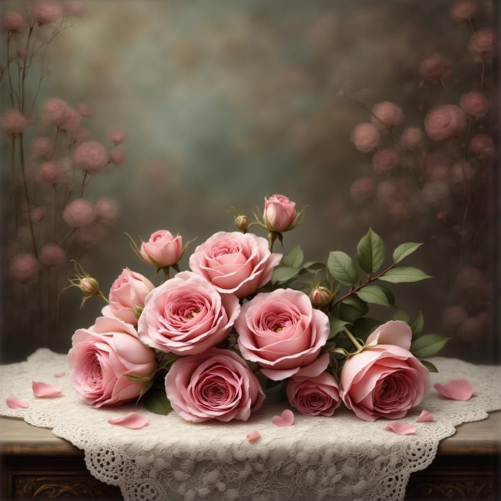 Soft Red Roses Bouquet on Victorian Table