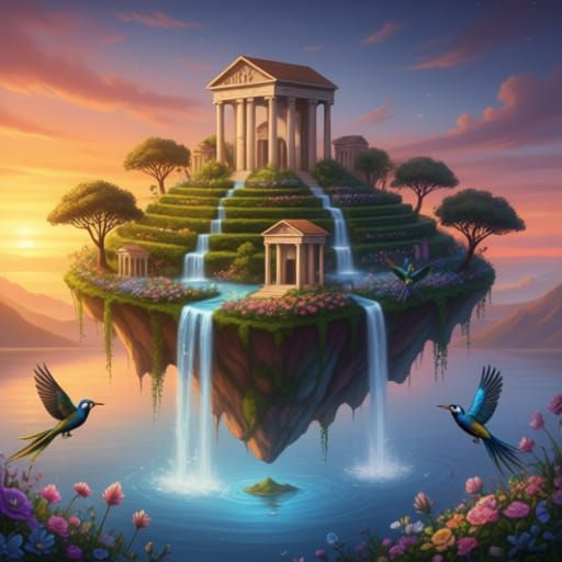 Floating Island Paradise at Golden Hour in Romantic Landscap...