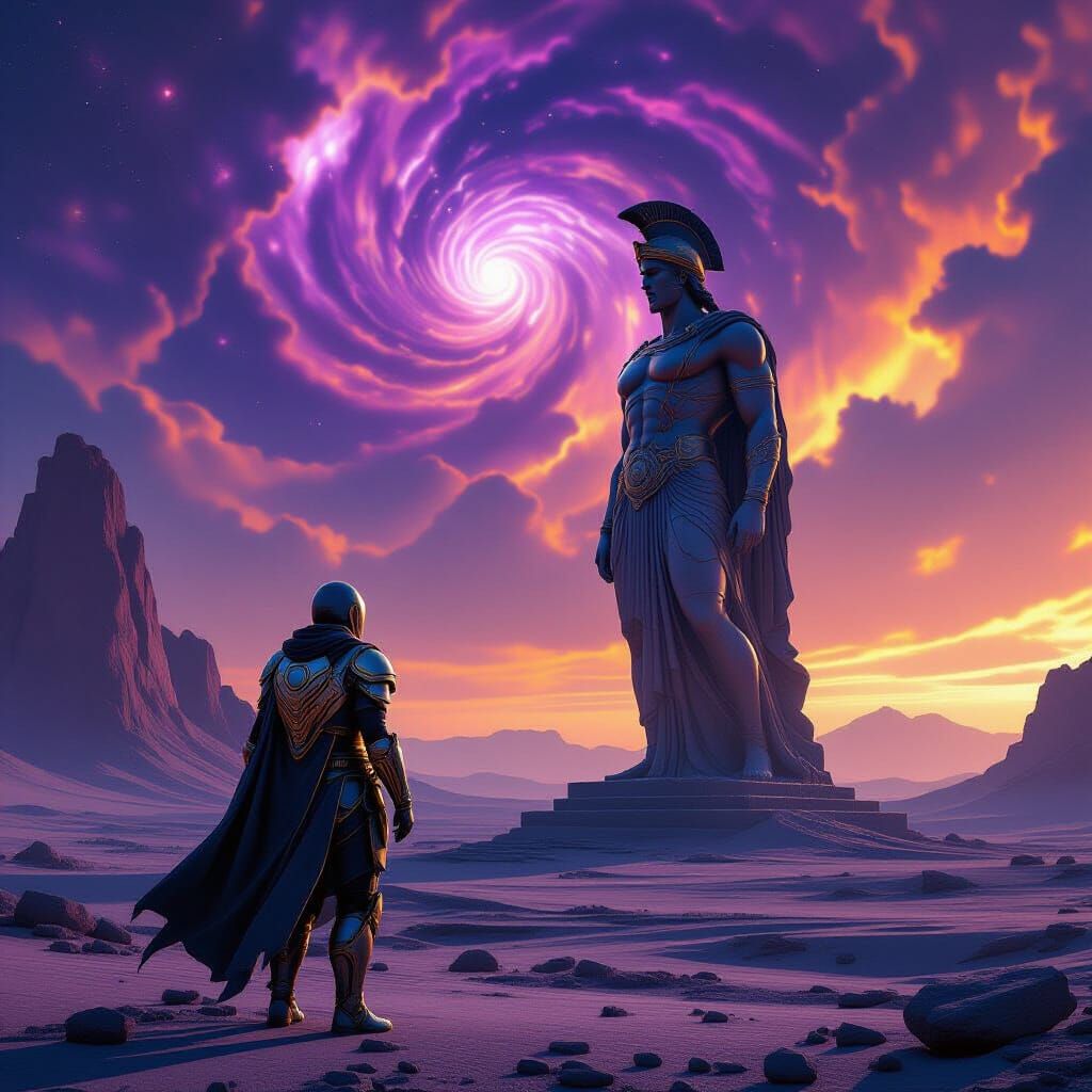 Alien Traveler Gazes at Crumbling God Statue in Nebula Sky