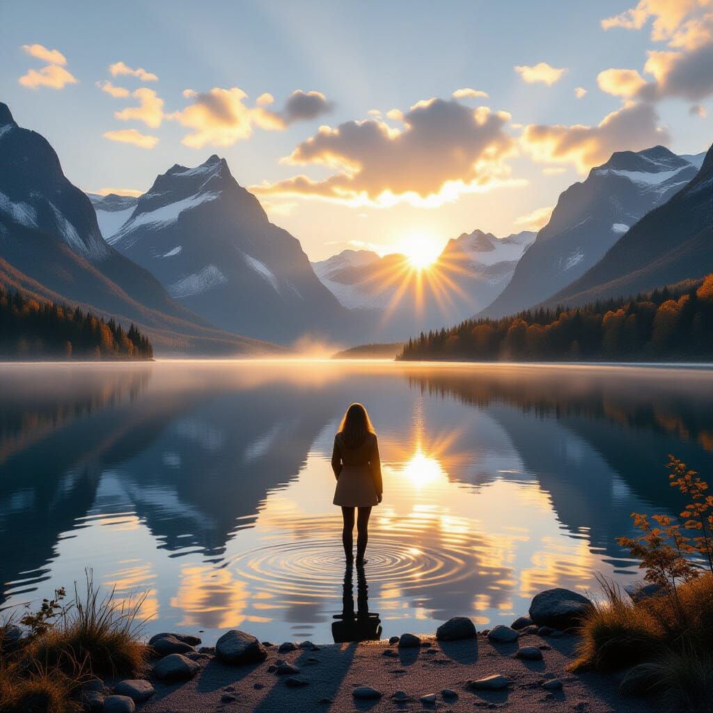 Woman on Lake Shore with Autumnal Mountains
