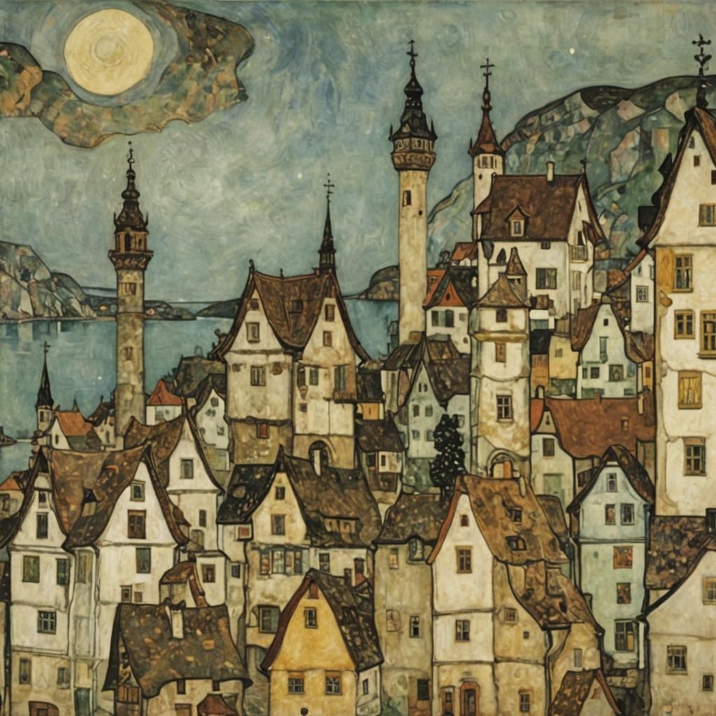 Expressionist Town Inspired by Klimt, Schiele, Hodler