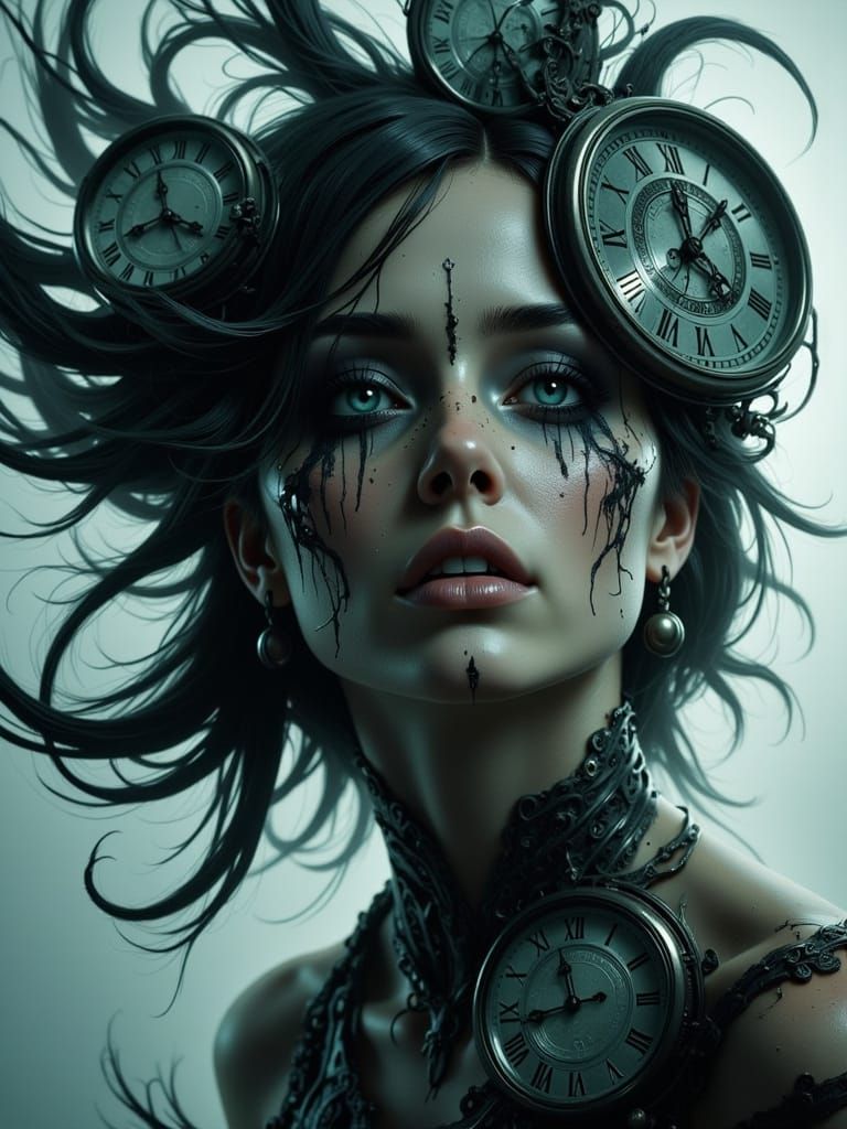 Eerie Pale Face with Blurred Clocks in Double Exposure