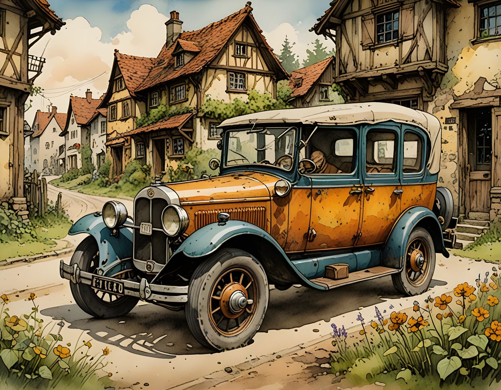 Whimsical Vintage Car Illustration in Storybook Style
