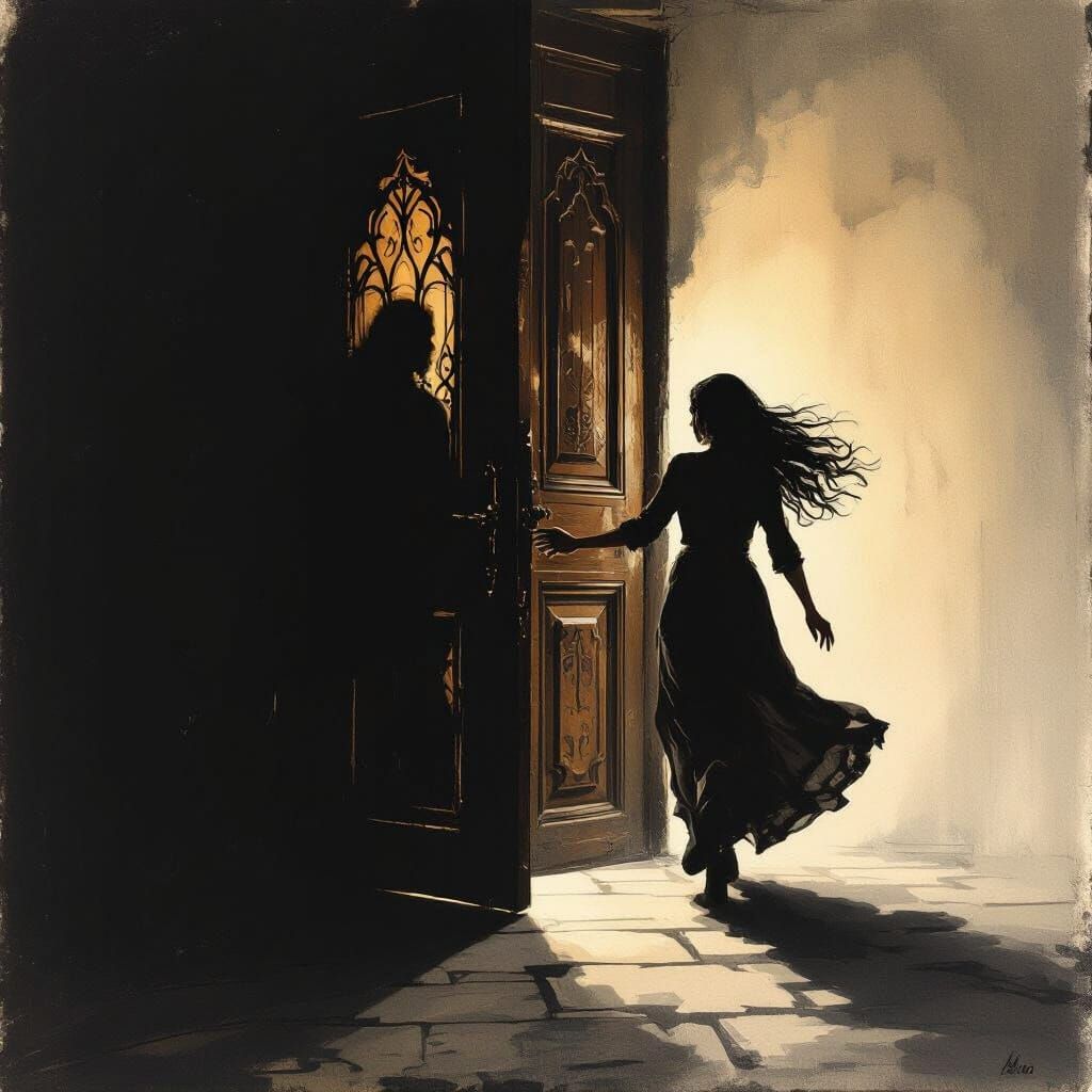 Woman Flees Ornate Home into Darkness in Chiaroscuro Style