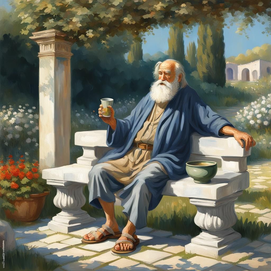 render a distinguish old man drinking from a stone cup, with long white beard, seated on a stone bench in a garden, clas...