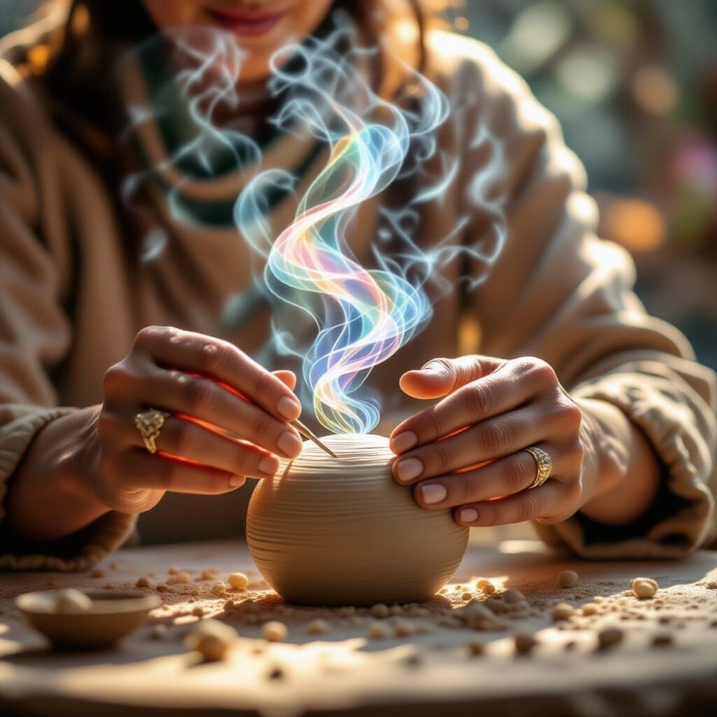 Hands Crafting Ancient Symbols in Cosmic Illustration