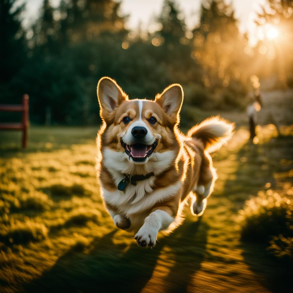 Bouncing Corgi in Golden Hour Mist