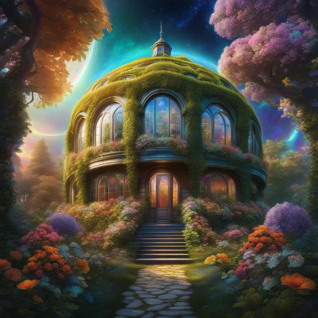 Oval House with Overgrown Leaves: Holographic Illustration