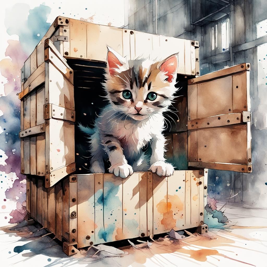 Cute Kitten Surprise in Watercolor Armory