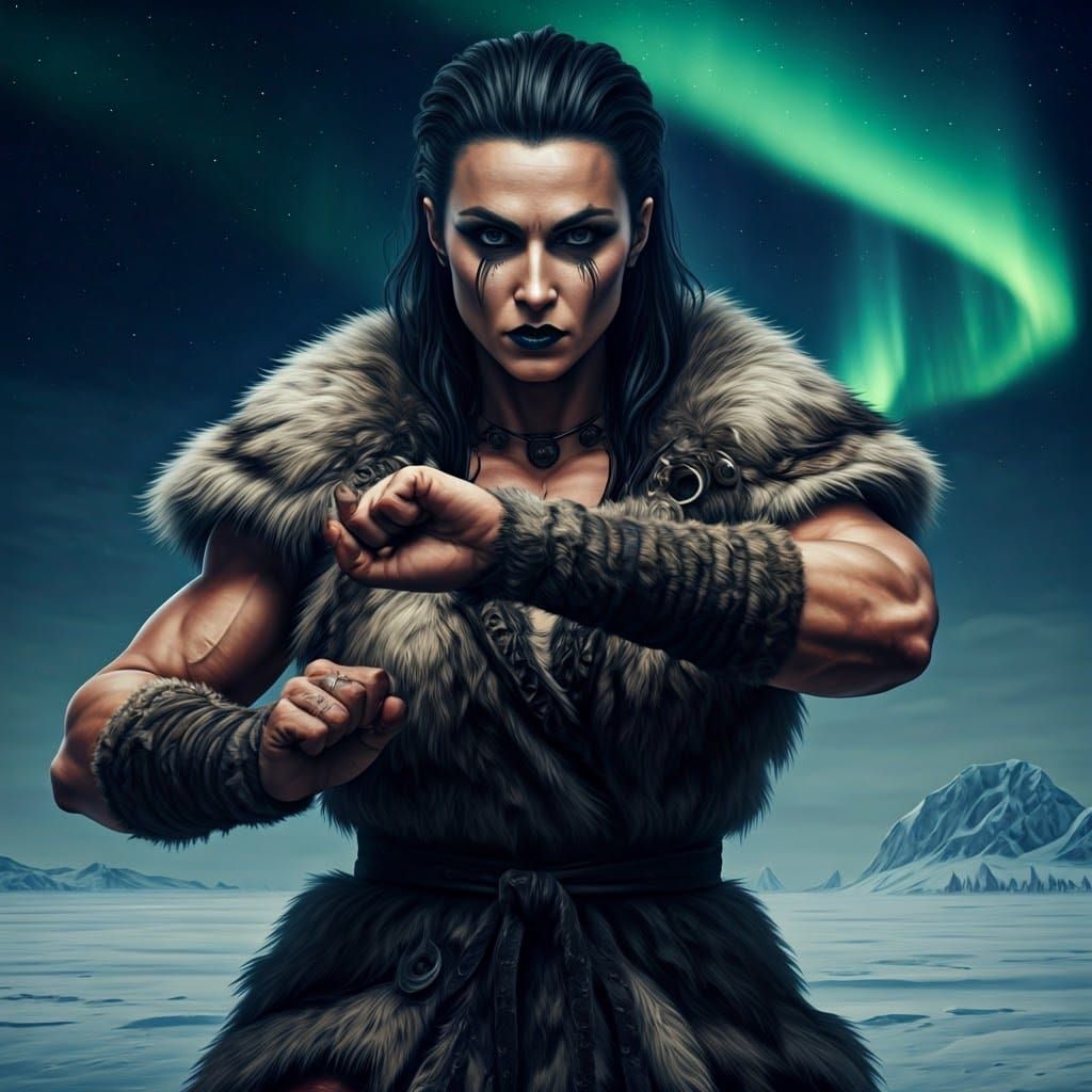 Barbarian Warrior Woman Practicing Kata in Frozen Tundra