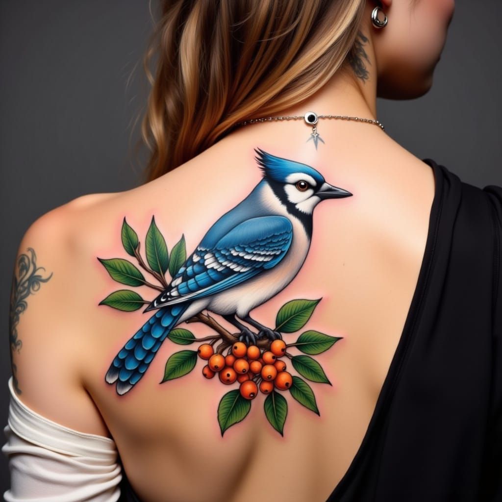 Blue Jay Tattoo Design with Berries and Leaves