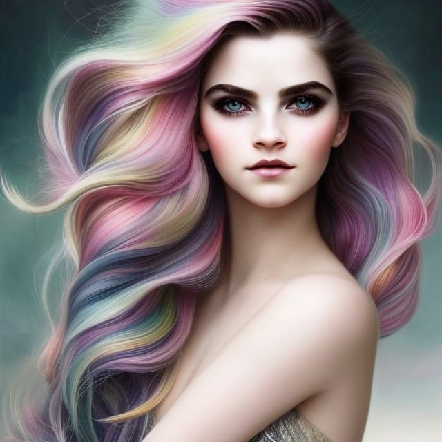 Rainbow Hair Portrait in Digital Art Style