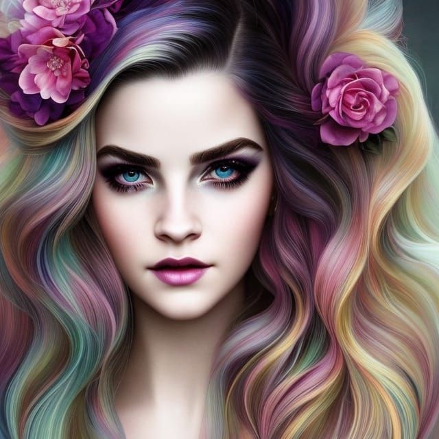 Rainbow Hair Girl: Hyperrealistic Digital Art Portrait