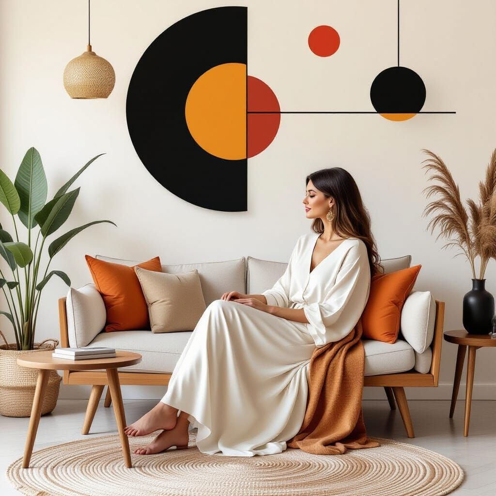 Boho Living Room with Geometric Shapes in Muted Tones