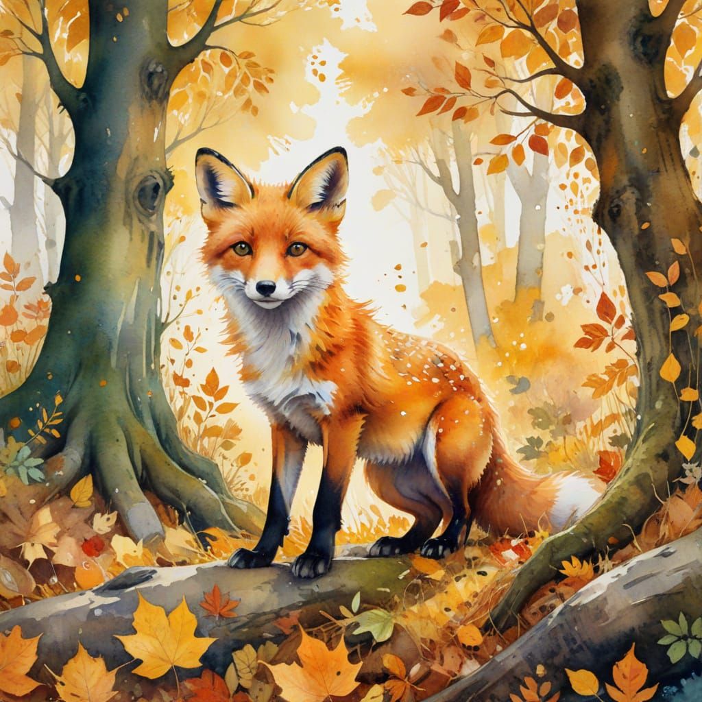 Fox Cub in Autumn Woodland: Klimt, Turner, Ross Styles