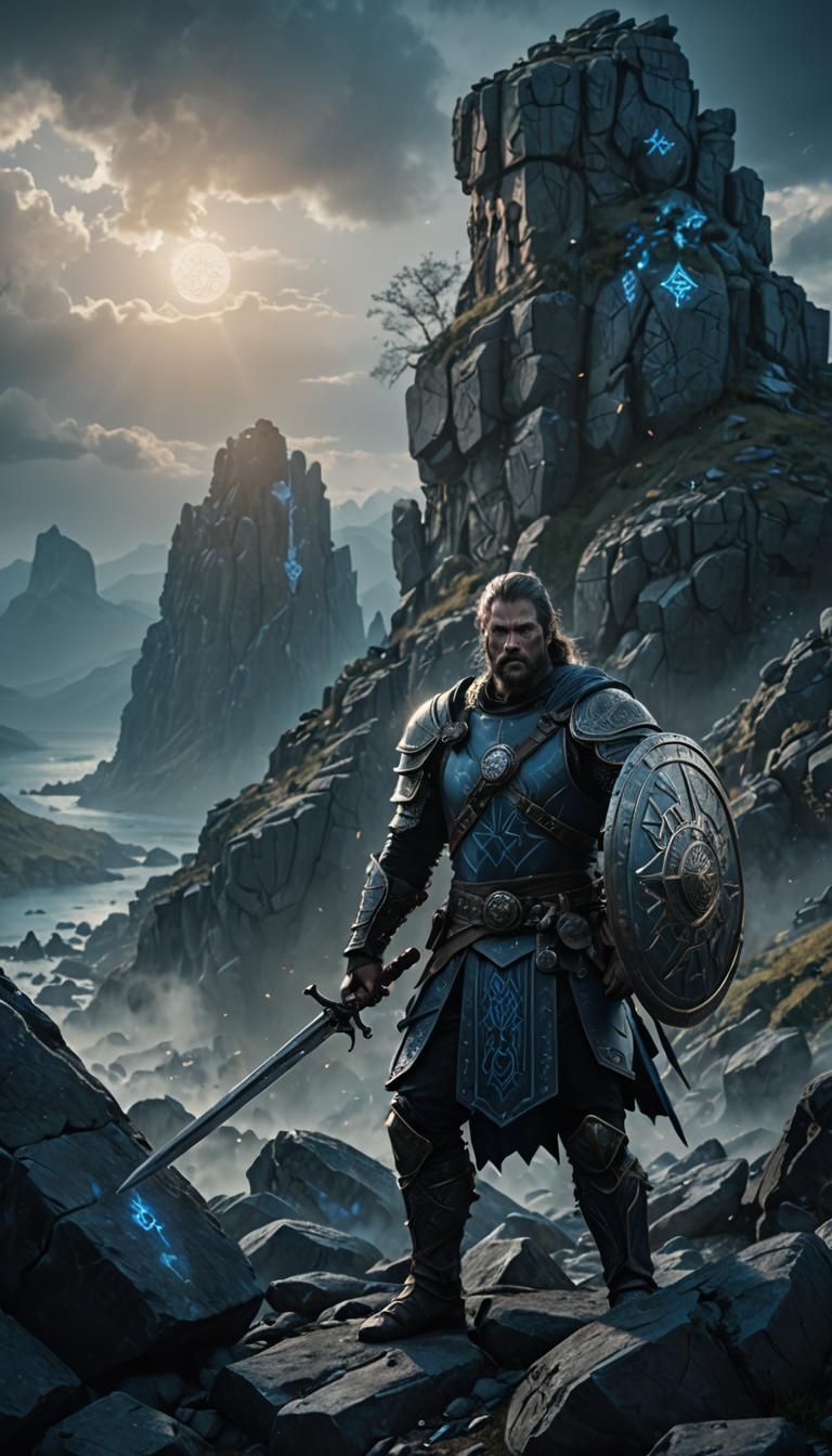 Hero in Runic Armor: Dark Fantasy Film Still