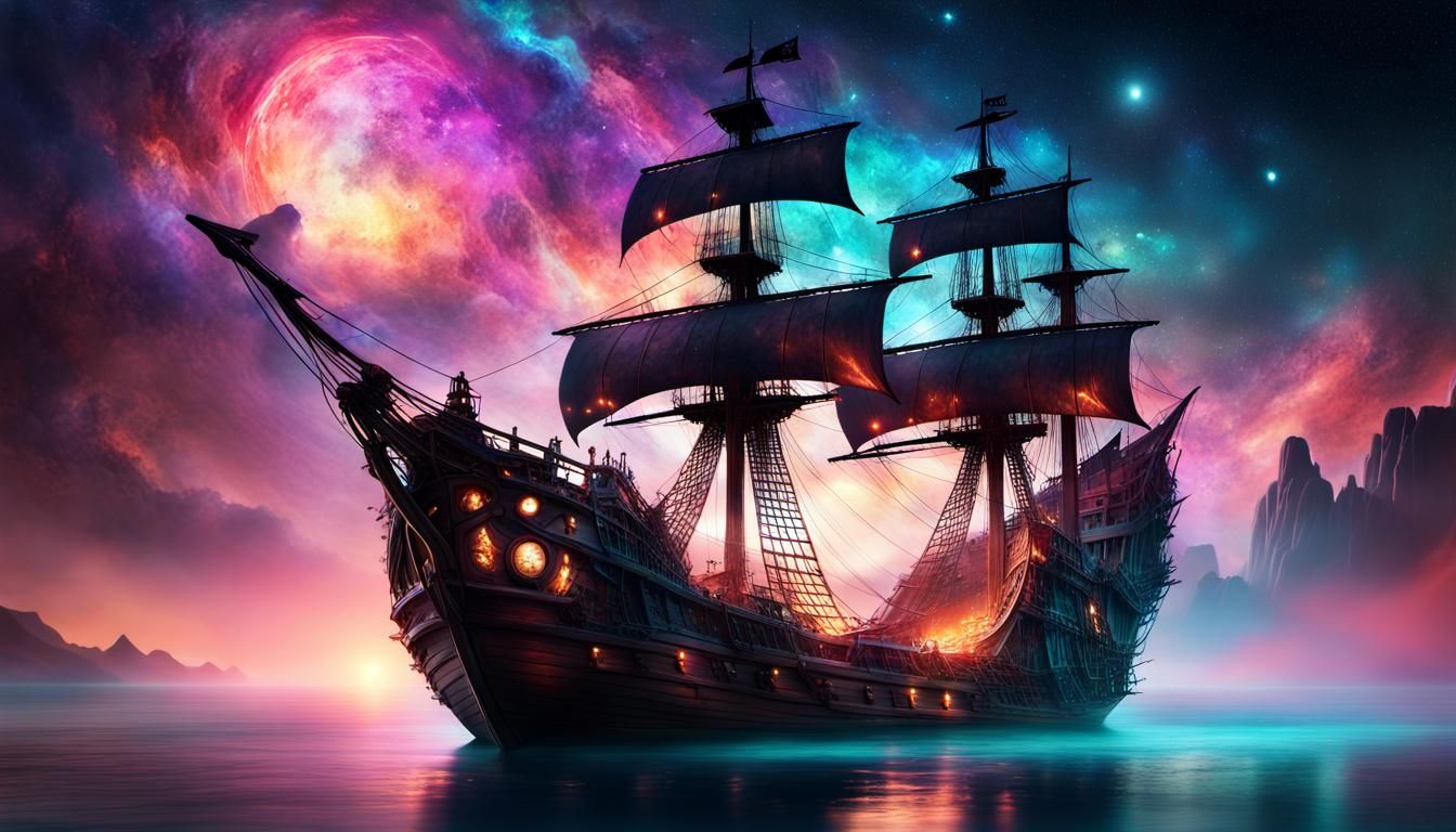 Ghostly Pirate Ship Navigates Galaxy Cove