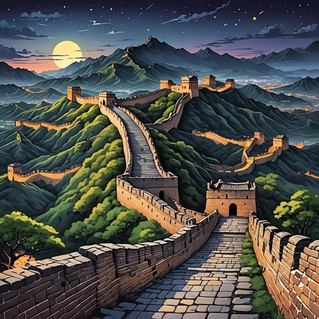 Great Wall at Night in Colorful Realistic Style