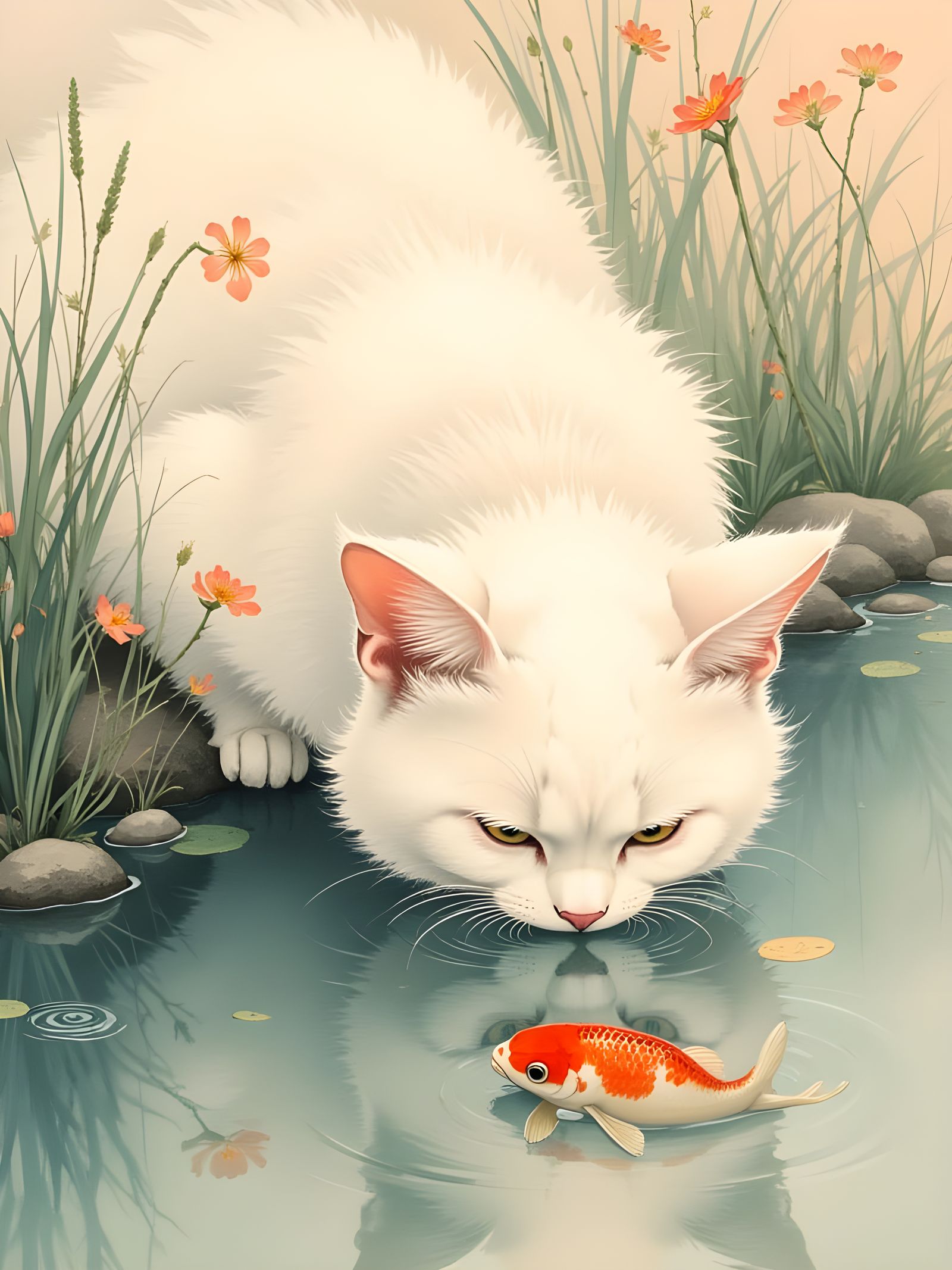 Zen Cat Gazing at Koi in Sumi-e Style