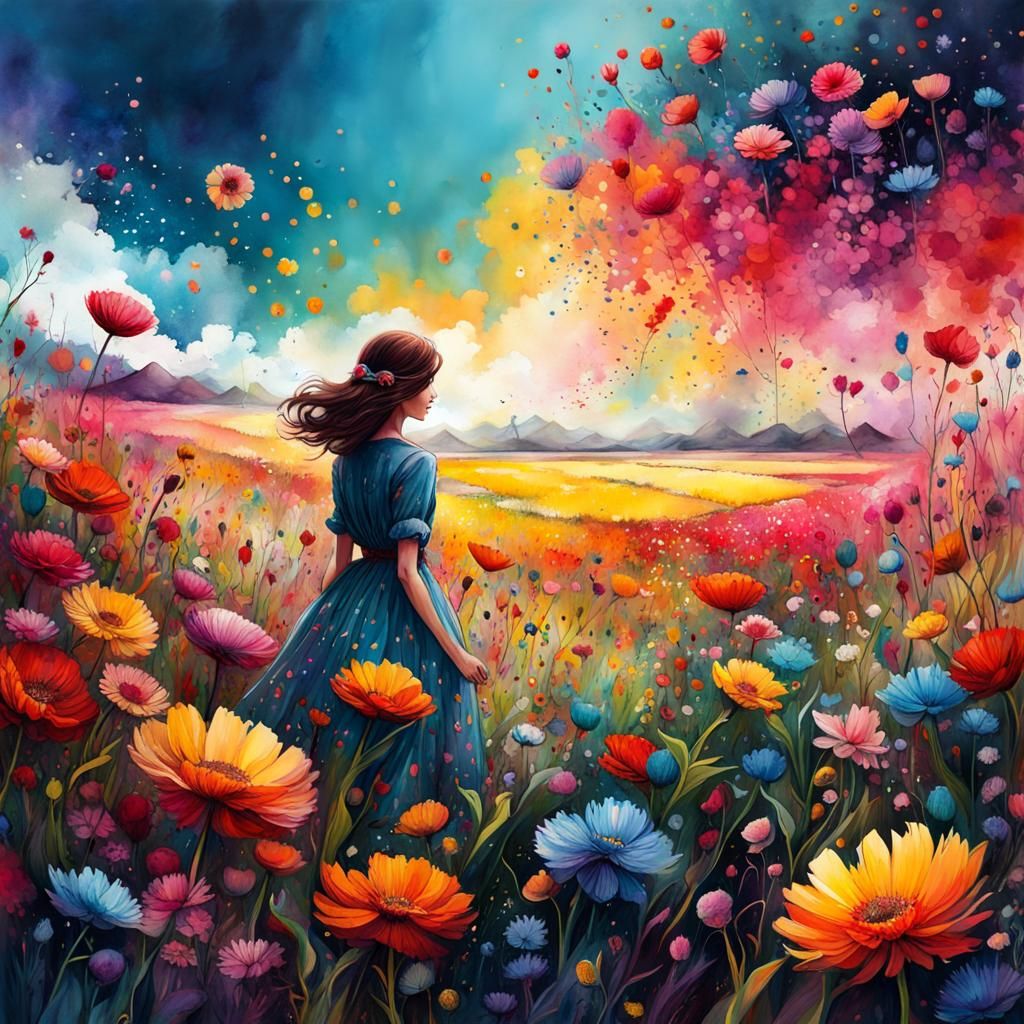 Whimsical Flower Field: Detailed Watercolor Digital Art