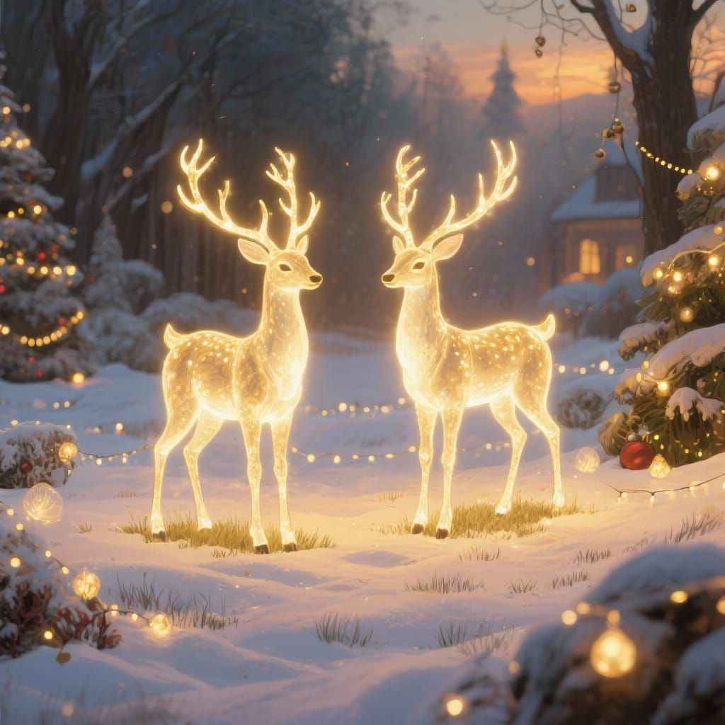 Magical Luminous Reindeer Statues in Snowy Christmas Glow