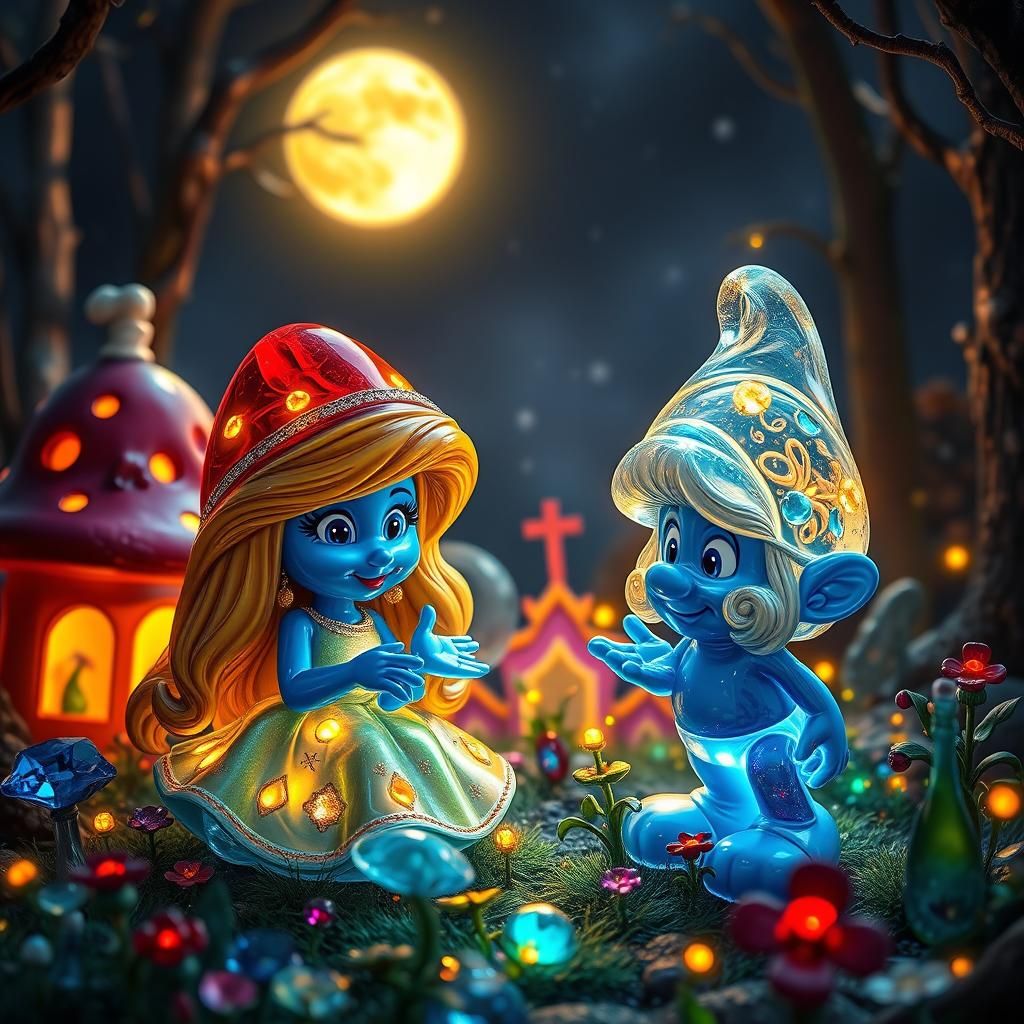 Smurfette and Papa Smurf Glass Sculptures in Forest