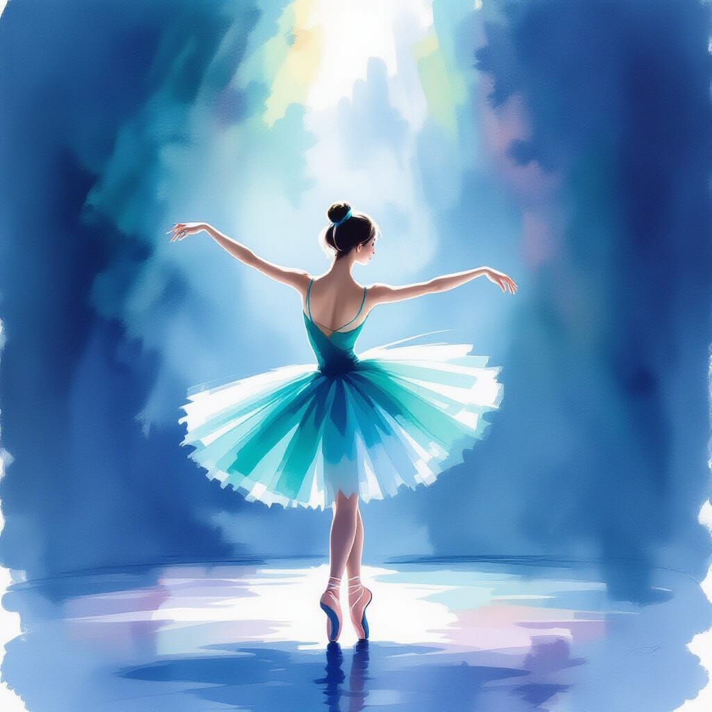 Ballet Dancer in Emerald Tutu, Watercolor Wash Background
