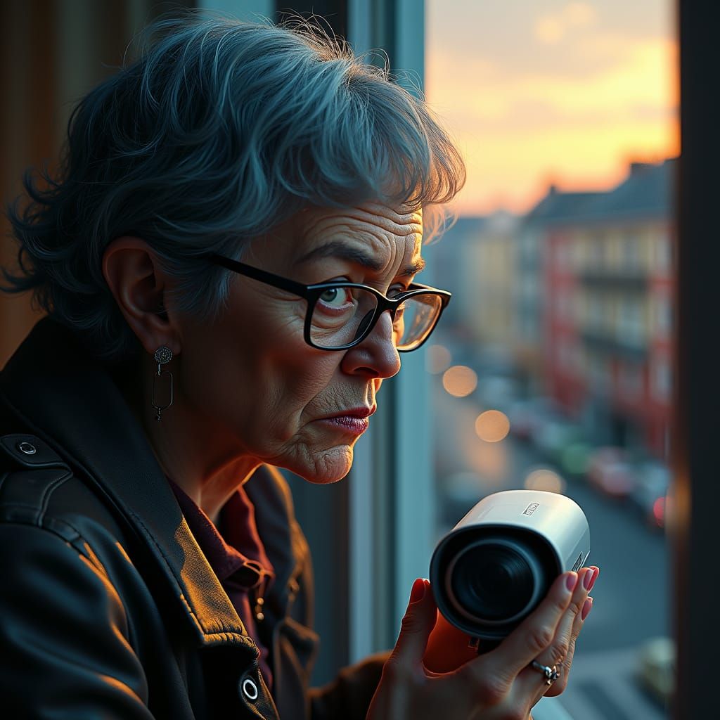 Grumpy Lady Watches Neighbours with Intense Suspicion