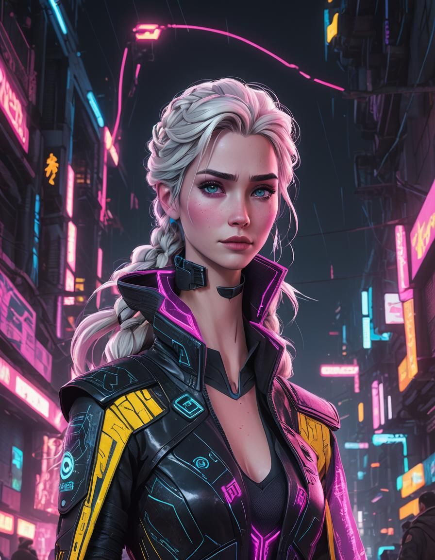 Cyberpunk Elsa in Neon Cityscape