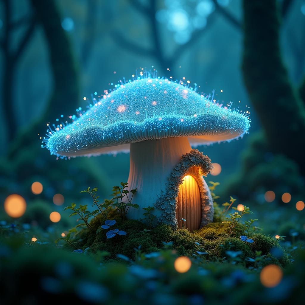 Enchanted Fairy Mushroom House in Bioluminescent Forest