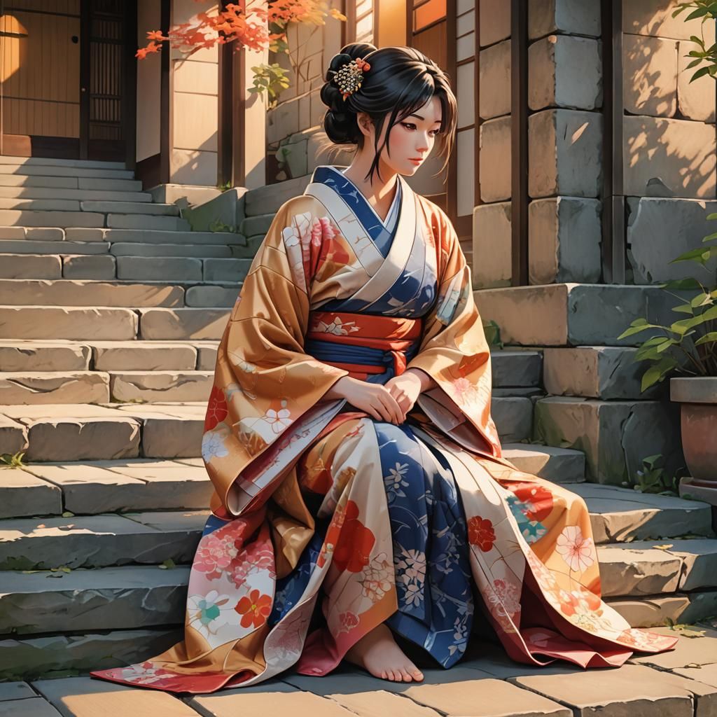 Kimono Woman and Spy in Realistic Anime Style