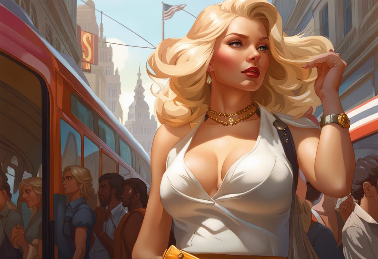 A pretty woman in a white dress has no time to queue for the bus