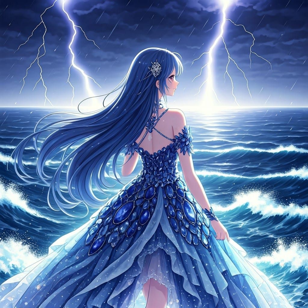Anime Girl in Sapphire Dress Overlooking Stormy Ocean