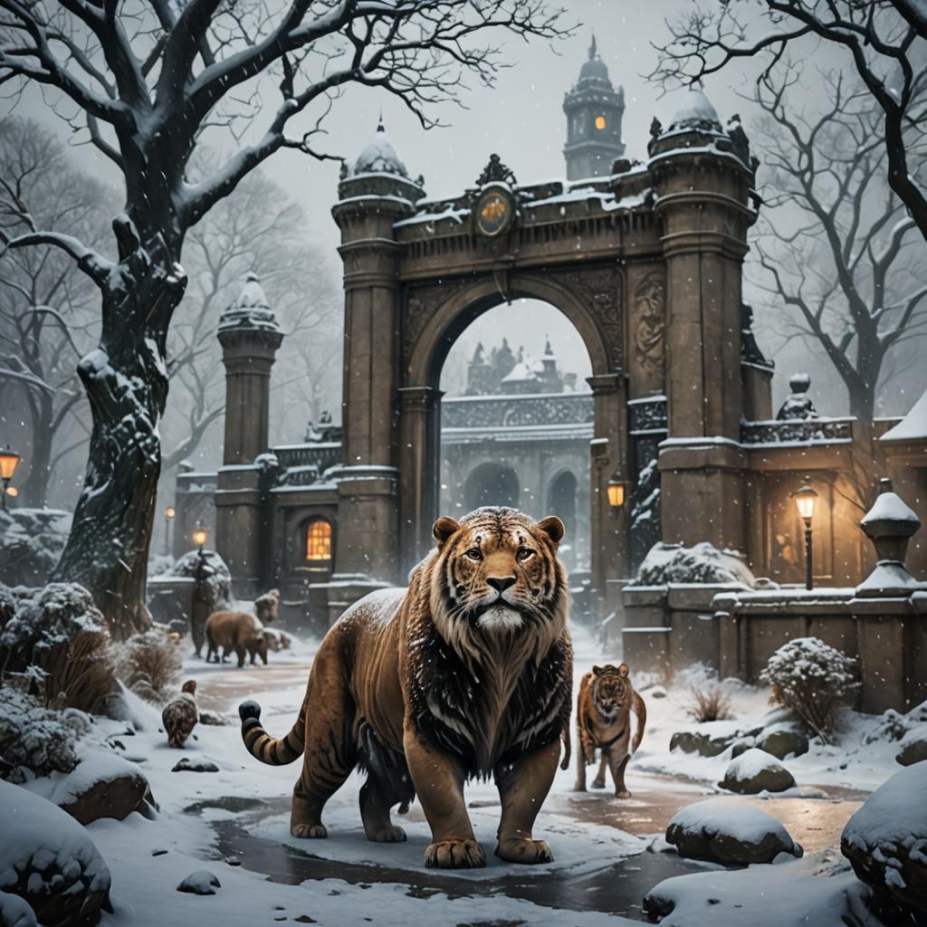 Woman at Bristol Zoo During Snow Storm: Matte Painting
