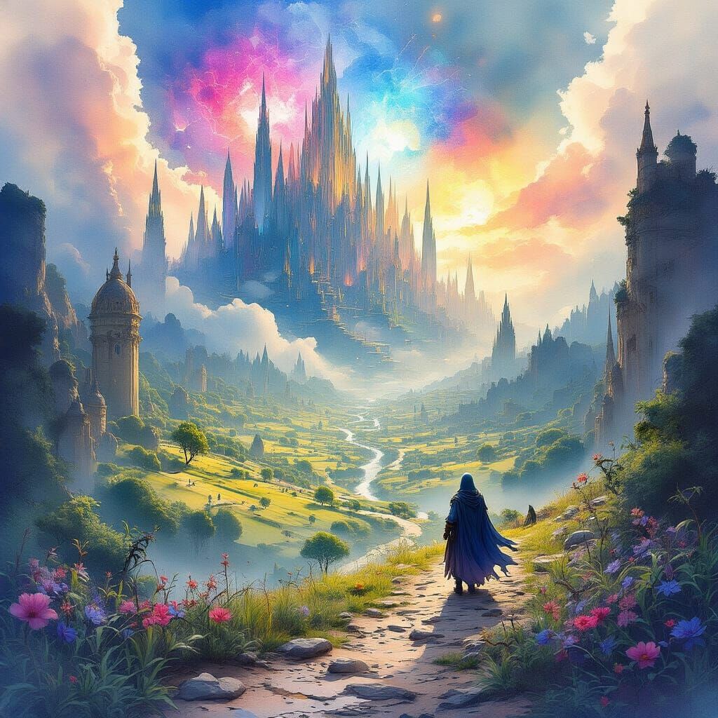 Fantasy Landscape with Arcane Magic, Digital Watercolor