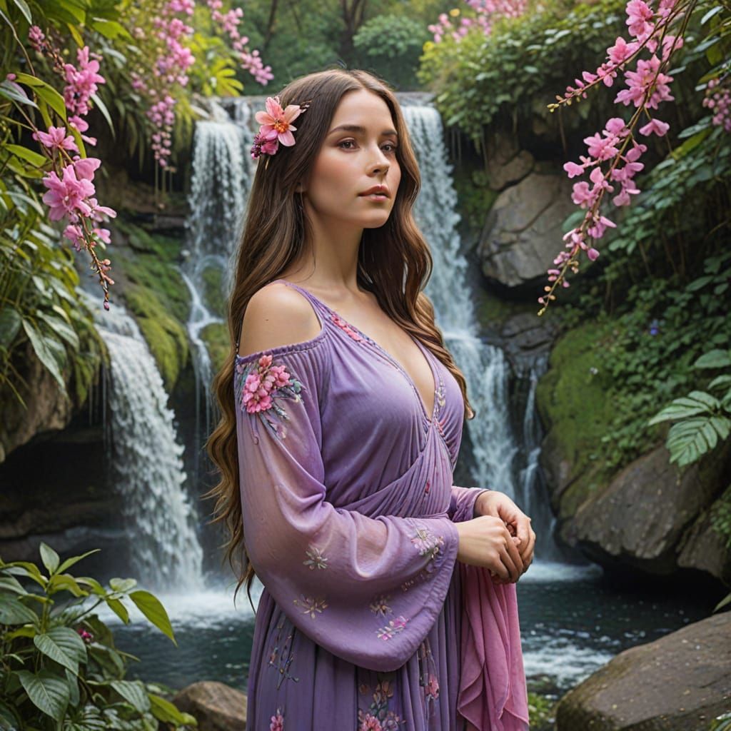 Serene Woman with Flowers in a Dreamlike Landscape