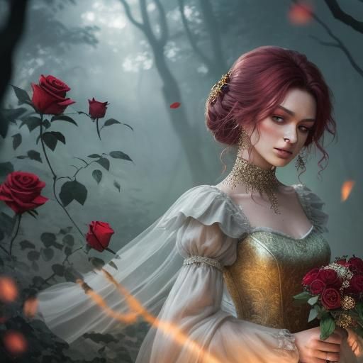 Punk Woman with Rose in Misty Forest