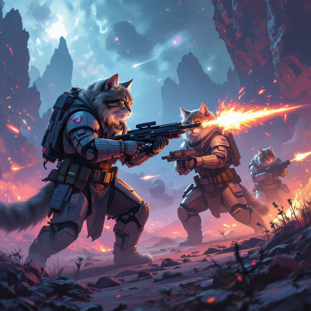 Siberian Cats in Armor Battle on Alien World