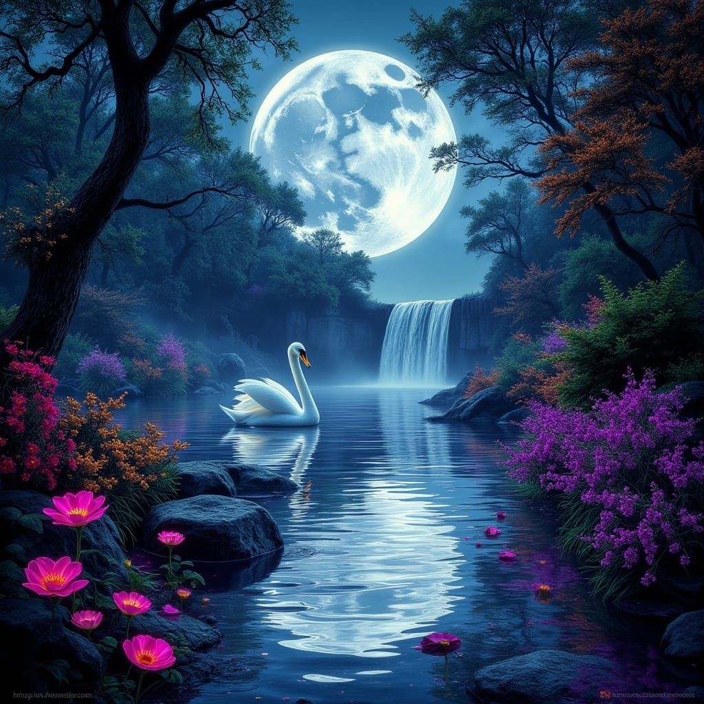 Swan on Sparkling Lake in Dark Fantasy Style