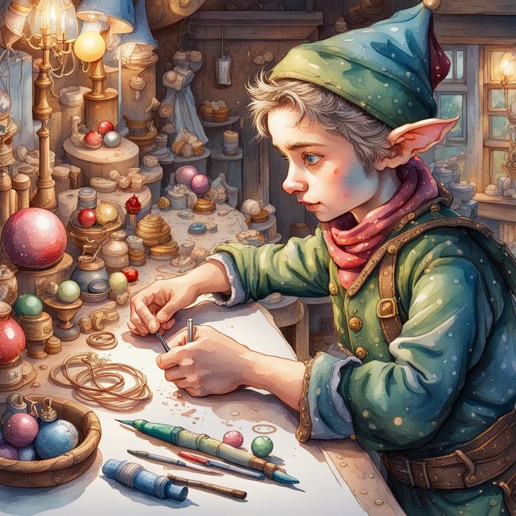 Elves Making Christmas Toys: Ink and Watercolor