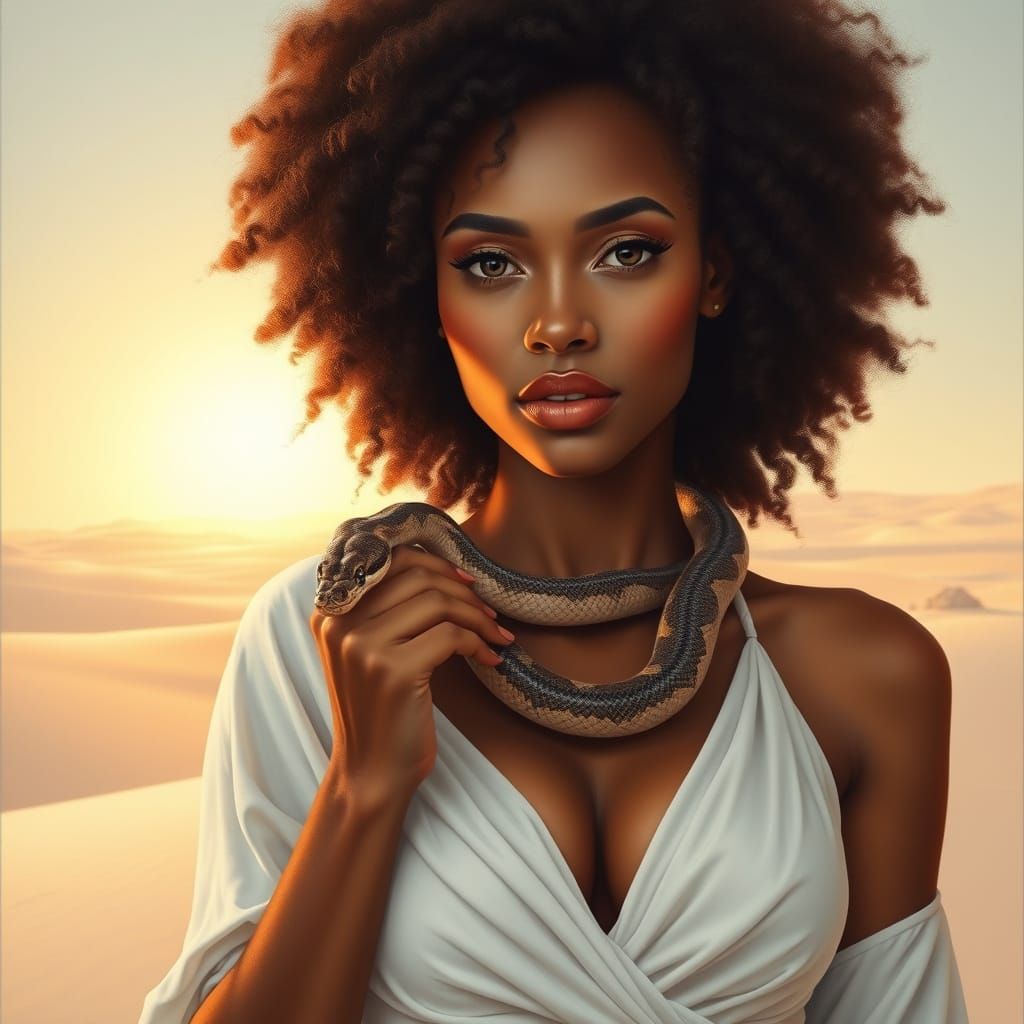 Realistic Portrait of a Mixed Woman with Snake in Desert Oas...