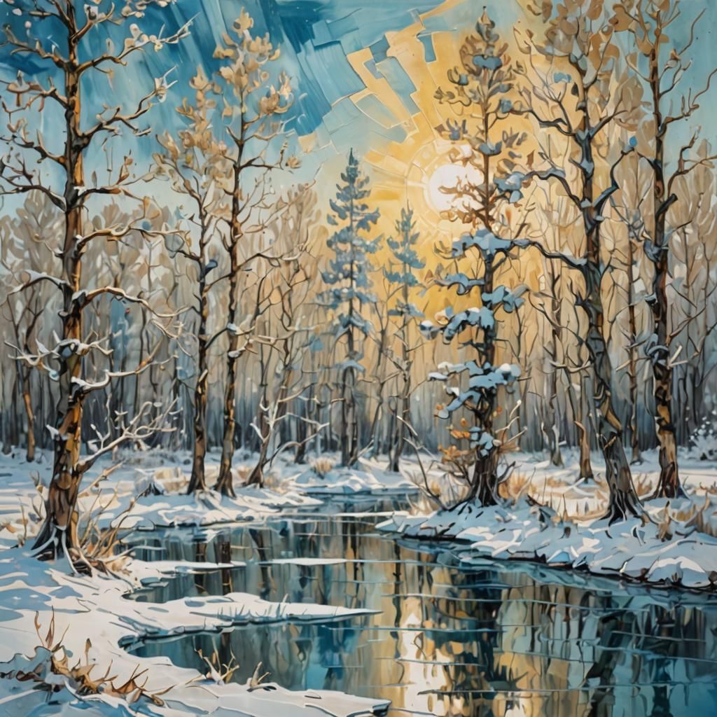 Serene Winter Encaustic Painting with Golden Light
