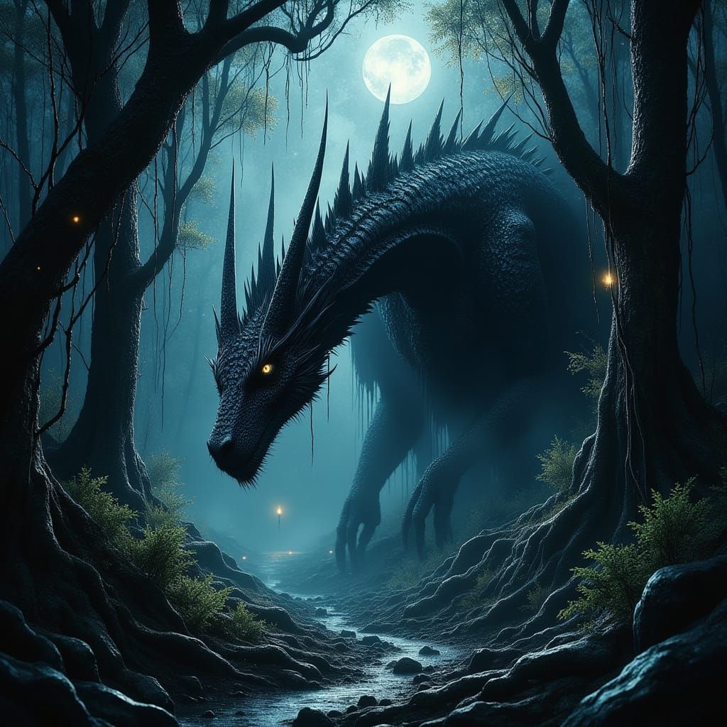 Dark Dragon in Forest at Midnight