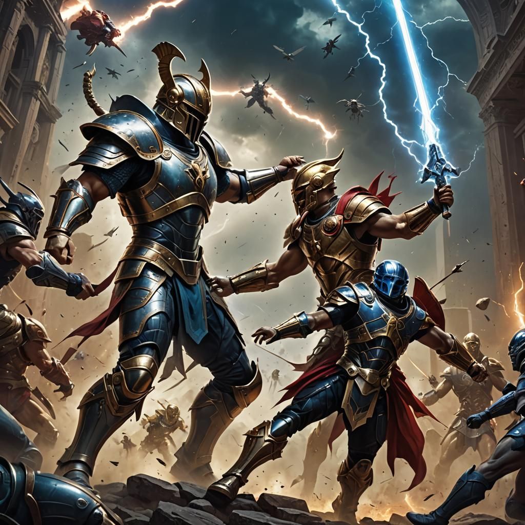 A futuristic gladiator in protective armour fights an alien in front of the gods for dominance of the universe, thunderb...