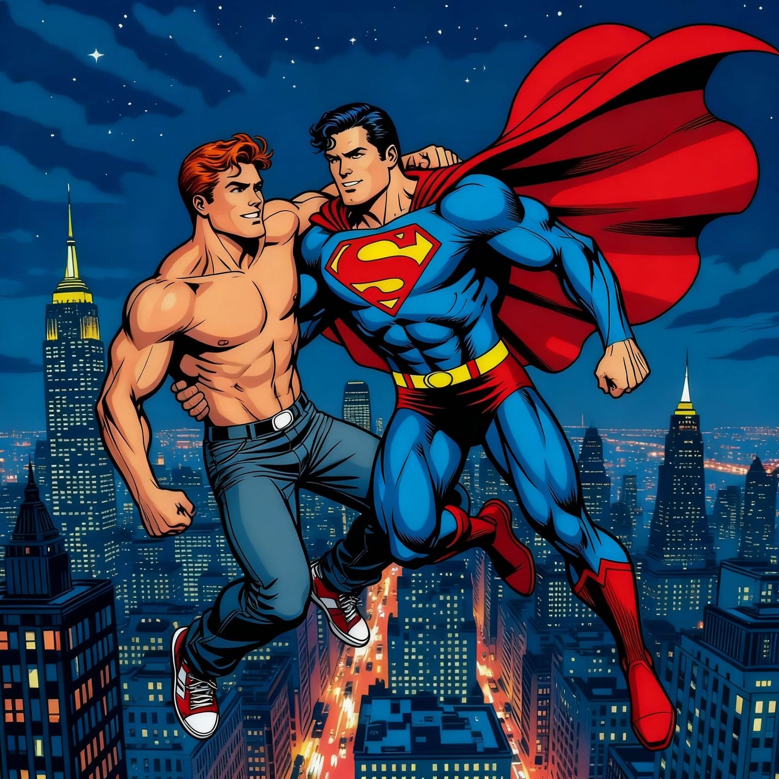 Night Flight Over Metropolis in Comic Book Style