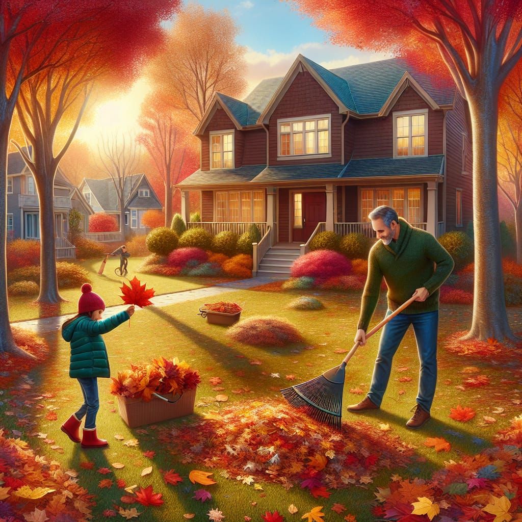 Autumn Scene: Raking Leaves in Suburban Yard