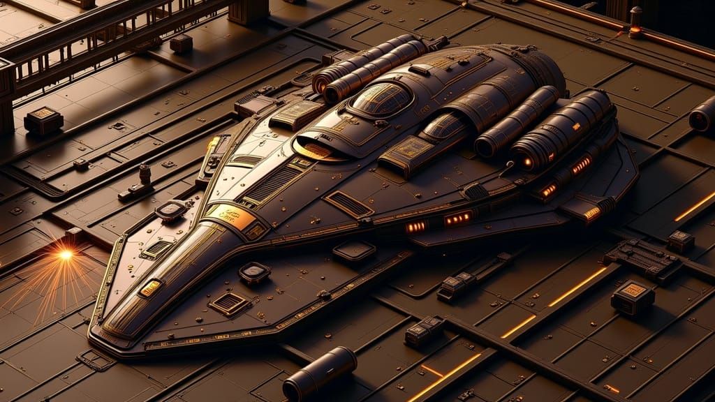 Futuristic Starship in Industrial Hangar Bay