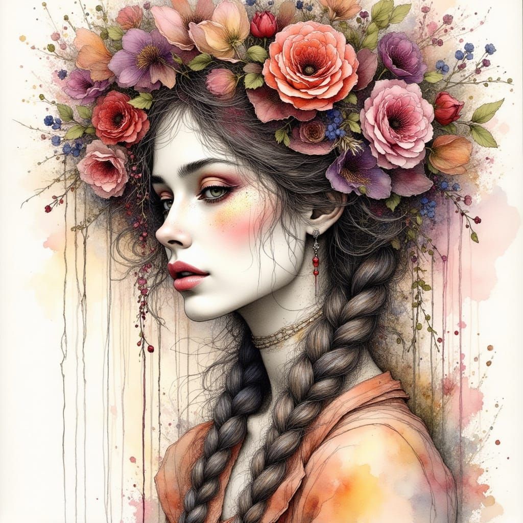 Woman Portrait in Watercolor and Ink Illustration